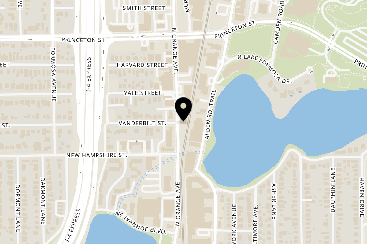 Map showing the location of White Wolf Cafe on 1829 N Orange Ave in Orlando